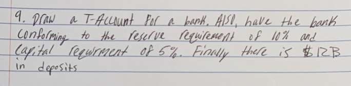 9. Draw a T-Account for a bank. Also, have the bank
conforming to the reserve requirement of 10% and
Capital requirment of 5%. Finally there is $12B
in deposits