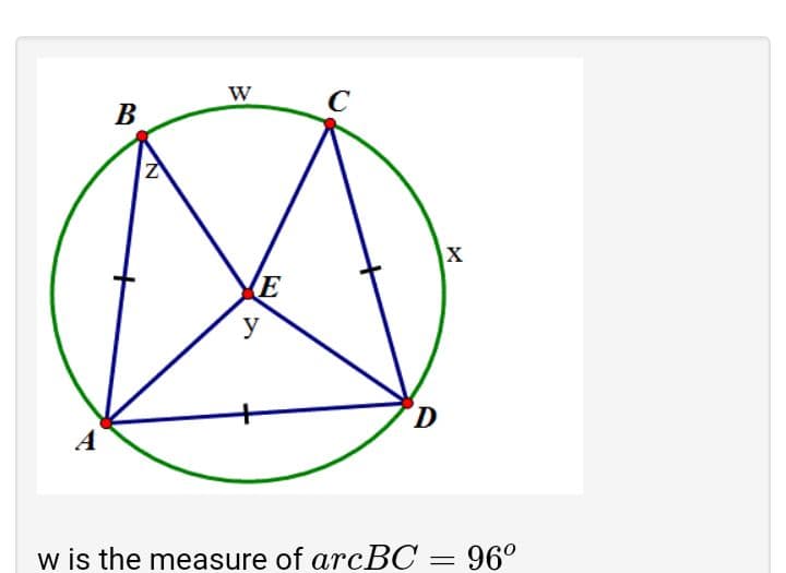 C
В
X
y
D.
A
w is the measure of arcBC = 96°
