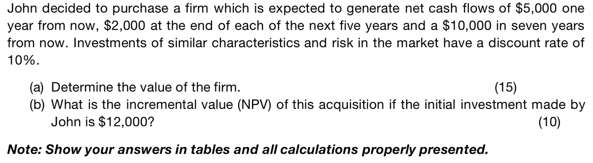 John decided to purchase a firm which is expected to generate net cash flows of $5,000 one
year from now, $2,000 at the end of each of the next five years and a $10,000 in seven years
from now. Investments of similar characteristics and risk in the market have a discount rate of
10%.
(a) Determine the value of the firm.
(b) What is the incremental value (NPV) of this acquisition if the initial investment made by
John is $12,000?
(15)
(10)
Note: Show your answers in tables and all calculations properly presented.
