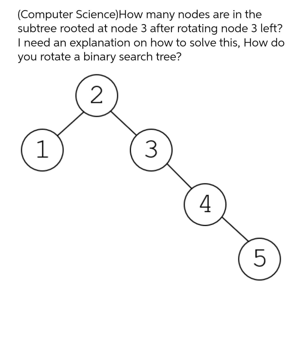 (Computer Science)How many nodes are in the
subtree rooted at node 3 after rotating node 3 left?
I need an explanation on how to solve this, How do
you rotate a binary search tree?
1
3
4
5
