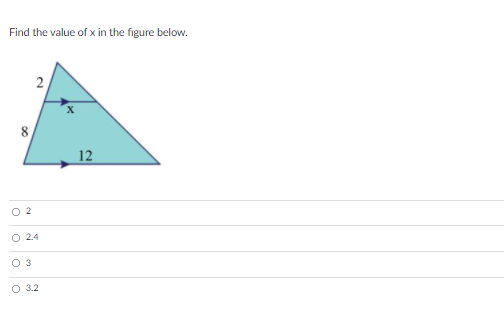 Find the value of x in the figure below.
8
12
O 2
O 2.4
O 3
O 3.2
2.
