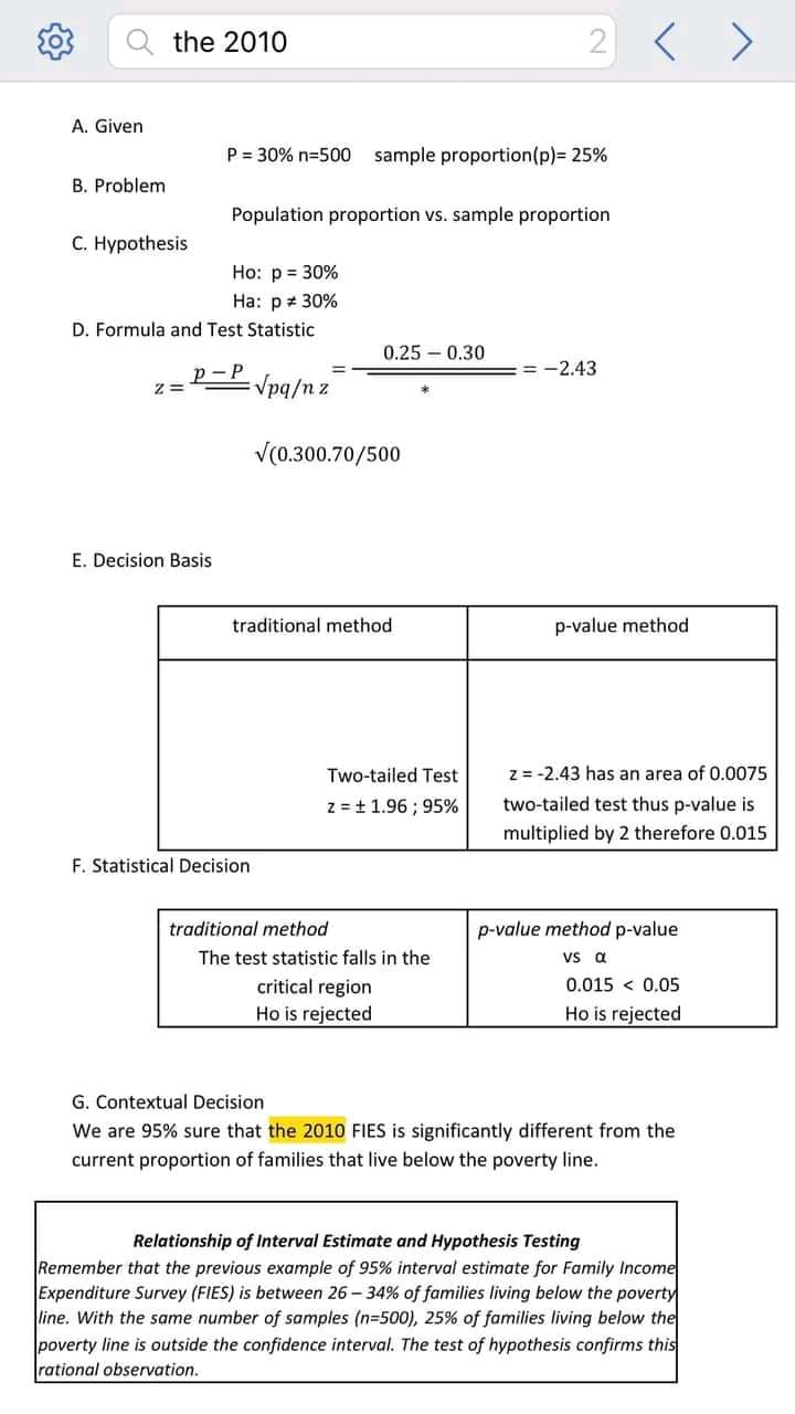 the 2010
A. Given
P = 30% n=500 sample proportion(p)=D 25%
B. Problem
Population proportion vs. sample proportion
C. Hypothesis
Ho: p= 30%
На: ра 30%
D. Formula and Test Statistic
0.25 – 0.30
= -2.43
р-Р
Vpq/n z
V(0.300.70/500
E. Decision Basis
traditional method
p-value method
Two-tailed Test
z = -2.43 has an area of 0.0075
z =+ 1.96 ; 95%
two-tailed test thus p-value is
multiplied by 2 therefore 0.015
F. Statistical Decision
traditional method
p-value method p-value
The test statistic falls in the
vs a
0.015 < 0.05
critical region
Ho is rejected
Ho is rejected
G. Contextual Decision
We are 95% sure that the 2010 FIES is significantly different from the
current proportion of families that live below the poverty line.
Relationship of Interval Estimate and Hypothesis Testing
Remember that the previous example of 95% interval estimate for Family Income
Expenditure Survey (FIES) is between 26 – 34% of families living below the poverty
line. With the same number of samples (n=500), 25% of families living below the
poverty line is outside the confidence interval. The test of hypothesis confirms this
rational observation.
