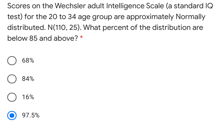 Scores on the Wechsler adult Intelligence Scale (a standard IQ
test) for the 20 to 34 age group are approximately Normally
distributed. N(110, 25). What percent of the distribution are
below 85 and above? *
O 68%
84%
16%
97.5%
