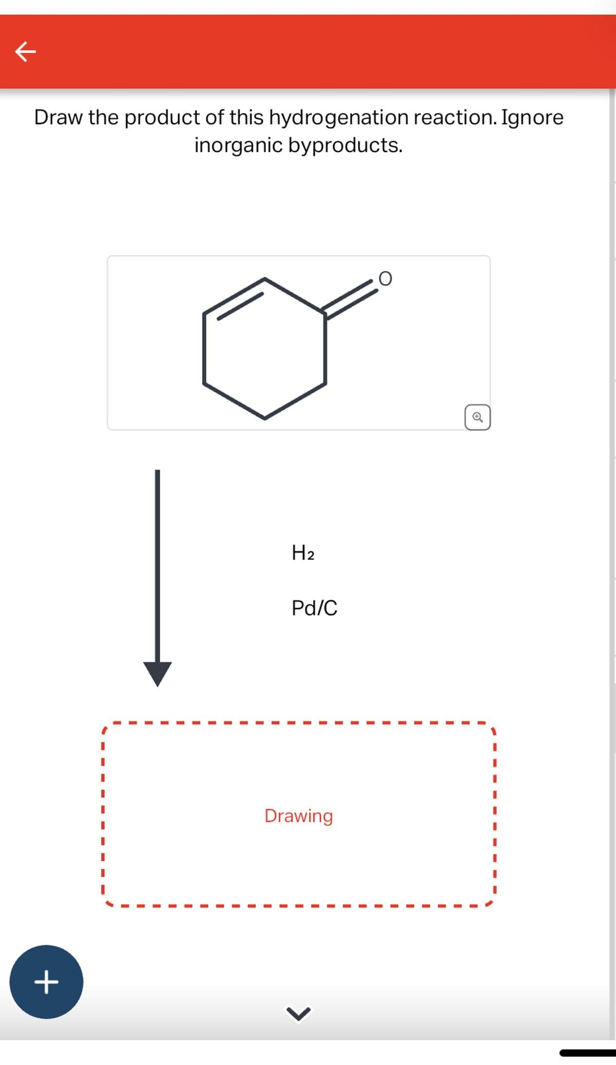 ←
Draw the product of this hydrogenation reaction. Ignore
inorganic byproducts.
+
H₂
Pd/C
Drawing