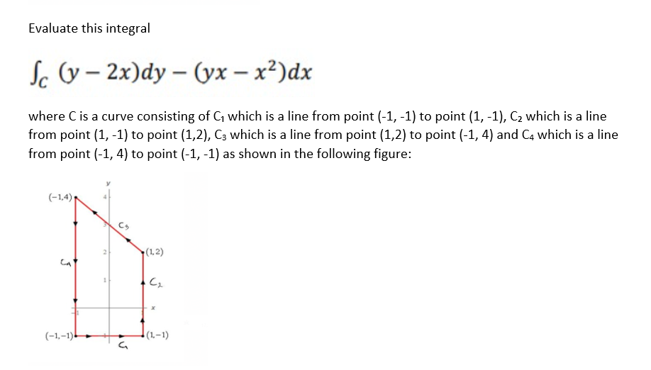 Evaluate this integral
Sc v – 2x)dy – (yx – x²)dx
where C is a curve consisting of C which is a line from point (-1, -1) to point (1, -1), C2 which is a line
from point (1, -1) to point (1,2), C3 which is a line from point (1,2) to point (-1, 4) and C4 which is a line
from point (-1, 4) to point (-1, -1) as shown in the following figure:
(-1,4)
(1,2)
cat
(-1,–1)-
(1.-1)
