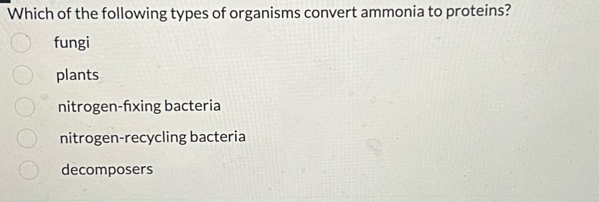Which of the following types of organisms convert ammonia to proteins?
fungi
plants
nitrogen-fixing bacteria
nitrogen-recycling bacteria
decomposers
000
