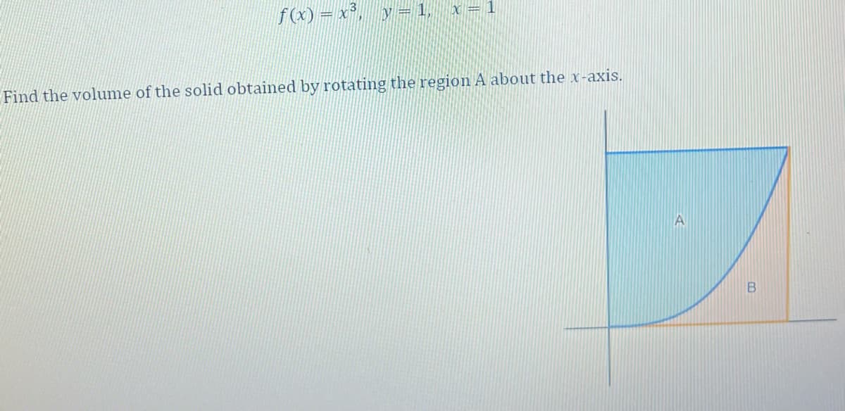 f(x) = x³, y = 1, x = 1
Find the volume of the solid obtained by rotating the region A about the x-axis.
B