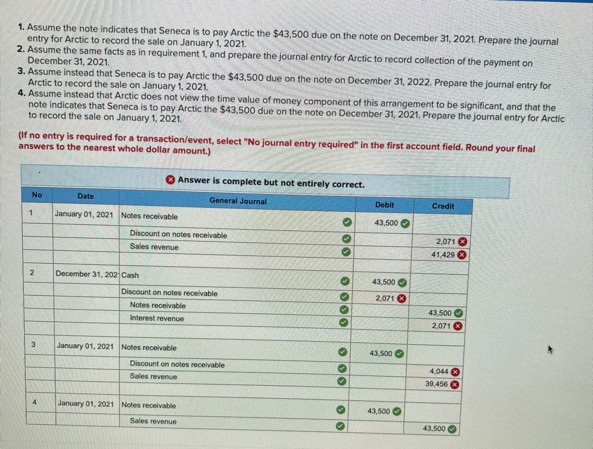 1. Assume the note indicates that Seneca is to pay Arctic the $43,500 due on the note on December 31, 2021. Prepare the journal
entry for Arctic to record the sale on January 1, 2021.
2. Assume the same facts as in requirement 1, and prepare the journal entry for Arctic to record collection of the payment on
December 31, 2021.
3. Assume instead that Seneca is to pay Arctic the $43,500 due on the note on December 31, 2022. Prepare the journal entry for
Arctic to record the sale on January 1, 2021.
4. Assume instead that Arctic does not view the time value of money component of this arrangement to be significant, and that the
note indicates that Seneca is to pay Arctic the $43,500 due on the note on December 31, 2021. Prepare the journal entry for Arctic
to record the sale on January 1, 2021.
(If no entry is required for a transaction/event, select "No journal entry required" in the first account field. Round your final
answers to the nearest whole dollar amount.)
X Answer is complete but not entirely correct.
No
Date
General Journal
Debit
Credit
1
January 01, 2021 Notes receivable
43,500 O
Discount on notes receivable
2,071 X
Sales revenue
41,429 X
December 31, 202 Cash
43,500
Discount on notes receivable
2,071 X
Notes receivable
43,500
Interest revenue
2,071 X
3
January 01, 2021 Notes receivable
43,500 O
Discount on notes receivable
4,044 X
Sales revenue
39,456 X
4
January 01, 2021 Notes receivable
43,500 O
Sales revenue
43,500
O O0
O O0
