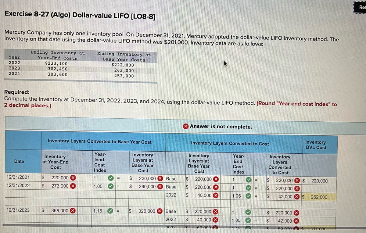 Ret
Exercise 8-27 (Algo) Dollar-value LIFO (LO8-8]
Mercury Company has only one inventory pool. On December 31, 2021, Mercury adopted the dollar-value LIFO inventory method. The
inventory on that date using the dollar-value LIFO method was $201,000. Inventory data are as follows:
Ending Inventory at
Ending Inventory at
Year
Year-End Costs
Base Year Costs
2022
2023
$233,100
302,450
303,600
$222,000
263,000
253,000
2024
Required:
Compute the inventory at December 31, 2022, 2023, and 2024, using the dollar-value LIFO method. (Round "Year end cost index" to
2 decimal places.)
X Answer is not complete.
Inventory Layers Converted to Base Year Cost
Inventory
DVL Cost
Inventory Layers Converted to Cost
Inventory
at Year-End
Cost
Year-
End
Cost
Index
Inventory
Layers at
Base Year
Inventory
Layers at
Base Year
Cost
Year-
Inventory
Layers
Converted
to Cost
Date
End
Cost
Index
Cost
12/31/2021
220,000 X
273,000 X
I$
1
220,000 X Base
IS
220,000 8
220,000 S
220,000
12/31/2022
1.05
$
260,000
Base
220,000 8
1
220,000 X
2022
$
40,000 X
1.05
$
42,000 X $
262,000
12/31/2023
$
368,000
1.15
320,000 O Base
$
$ 220,000 X
%3D
1
$4
220,000 X
2022
40,000 X
1.05
$
42,000 X
2023
331 000
