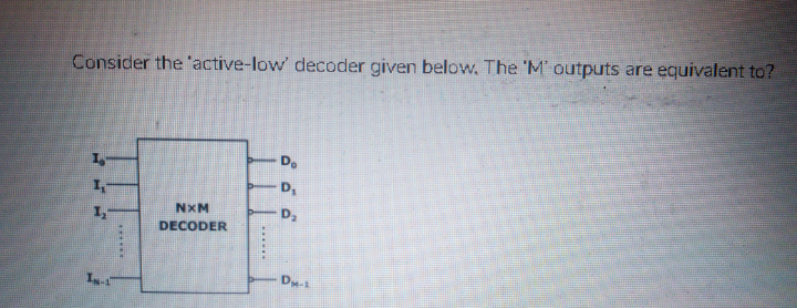 Consider the 'active-low' decoder given below, The 'M' outputs are equivalent to?
De
1,
NXM
D2
DECODER
D-
......
