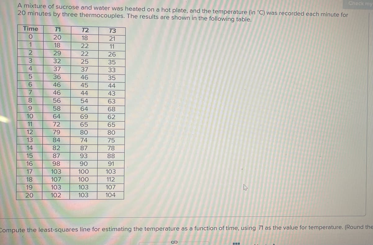 A mixture of sucrose and water was heated on a hot plate, and the temperature (in °C) was recorded each minute for
20 minutes by three thermocouples. The results are shown in the following table.
Time
O
1
2
3
4
5678SONNES
9
10
11
12
13
14
15
16
17
18
19
20
71
20
18
29
32
37
36
46
46
56
58
64
72
79
84
82
87
98
103
107
103
102
28225765
T2
18
22
22
25
37
46
45
44
54
64
69
65
80
74
87
93
90
100
100
103
103
T3
21
11
26
35
33
35
44
43
63
68
62
65
80
75
78
88
91
103
112
107
104
4
Check my
Compute the least-squares line for estimating the temperature as a function of time, using 71 as the value for temperature. (Round the