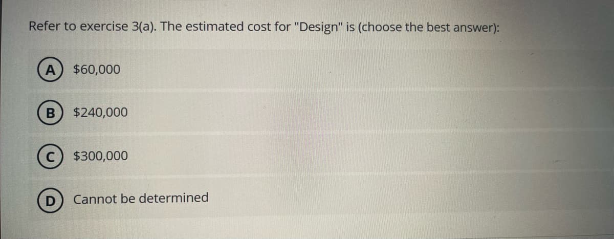 Refer to exercise 3(a). The estimated cost for "Design" is (choose the best answer):
$60,000
B $240,000
$300,000
Cannot be determined