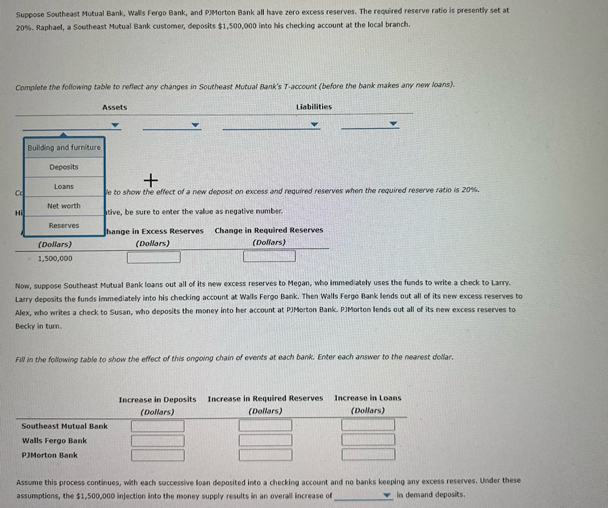 Suppose Southeast Mutual Bank, Walls Fergo Bank, and PJMorton Bank all have zero excess reserves. The required reserve ratio is presently set at
20%. Raphael, a Southeast Mutual Bank customer, deposits $1,500,000 into his checking account at the local branch.
Complete the following table to reflect any changes in Southeast Mutual Bank's T-account (before the bank makes any new loans).
Co
Hi
Building and furniture
Deposits
Loans
Net worth
Reserves
(Dollars)
1,500,000
Assets
Liabilities
+
le to show the effect of a new deposit on excess and required reserves when the required reserve ratio is 20%.
tive, be sure to enter the value as negative number.
hange in Excess Reserves
(Dollars)
Change in Required Reserves
(Dollars)
Now, suppose Southeast Mutual Bank loans out all of its new excess reserves to Megan, who immediately uses the funds to write a check to Larry.
Walls Fergo Bank. Then Walls Fergo Bank lends out all of its new excess reserves to
Larry deposits the funds immediately into his checking account
Alex, who writes a check to Susan, who deposits the money into her account at PJMorton Bank. PJMorton lends out all of its new excess reserves to
Becky in turn.
Southeast Mutual Bank
Walls Fergo Bank
PJMorton Bank
Fill in the following table to show the effect of this ongoing chain of events at each bank. Enter each answer to the nearest dollar.
Increase in Deposits Increase in Required Reserves
(Dollars)
(Dollars)
Increase in Loans
(Dollars)
Assume this process continues, with each successive loan deposited into a checking account and no banks keeping any excess reserves. Under these
assumptions, the $1,500,000 injection into the money supply results in an overall increase of
in demand deposits.