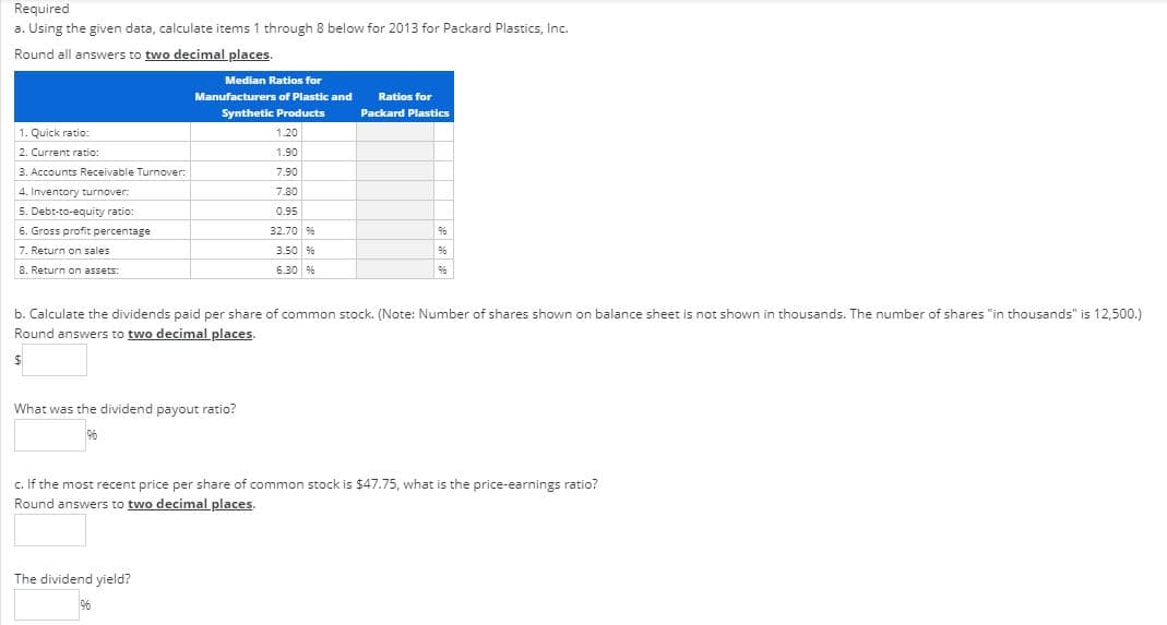 Required
a. Using the given data, calculate items 1 through 8 below for 2013 for Packard Plastics, Inc.
Round all answers to two decimal places.
Median Ratios for
Manufacturers of Plastic and
Ratios for
Synthetic Products
Packard Plastics
1. Quick ratio:
1.20
2. Current ratio:
1.90
3. Accounts Receivable Turnover:
7.90
4. Inventory turnover:
7.80
5. Debt-to-equity ratio:
0.95
6. Gross profit percentage
32.70 96%
9%
7. Return on sales
3.50 96%
96
8. Return on assets:
6.30 %
96
b. Calculate the dividends paid per share of common stock. (Note: Number of shares shown on balance sheet is not shown in thousands. The number of shares "in thousands" is 12,500.)
Round answers to two decimal places
What was the dividend payout ratio?
96
c. If the most recent price per share of common stock is $47.75, what is the price-earnings ratio?
Round answers
two decimalplaces.
The dividend yield?
96
