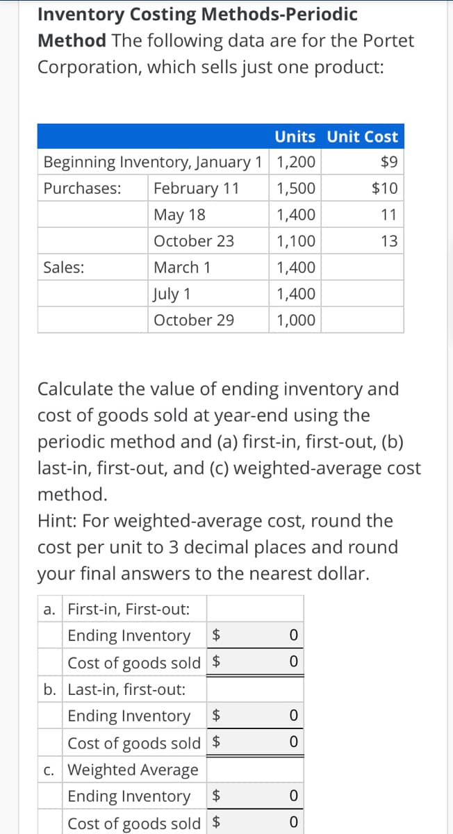 Inventory Costing Methods-Periodic
Method The following data are for the Portet
Corporation, which sells just one product:
Units Unit Cost
Beginning Inventory, January 1 1,200
$9
Purchases:
February 11
1,500
$10
May 18
1,400
11
October 23
1,100
13
Sales:
March 1
1,400
July 1
1,400
October 29
1,000
Calculate the value of ending inventory and
cost of goods sold at year-end using the
periodic method and (a) first-in, first-out, (b)
ast-in, first-out, and (c) weighted-average cos
method.
Hint: For weighted-average cost, round the
cost per unit to 3 decimal places and round
your final answers to the nearest dollar.
