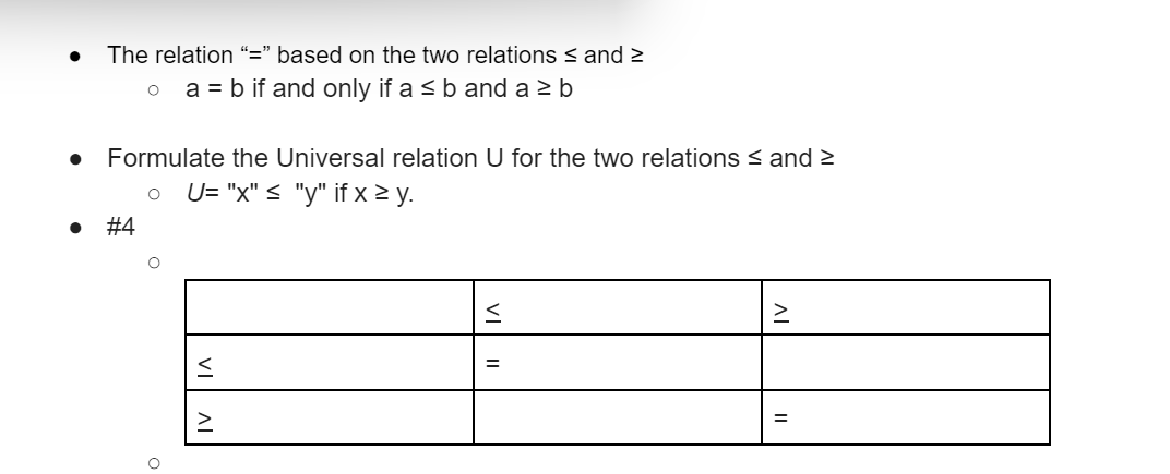 ● The relation "=" based on the two relations ≤ and >
O a = b if and only if a ≤ b and a ≥b
●
●
Formulate the Universal relation U for the two relations ≤ and ≥
U= "x" ≤ "y" if x ≥ y.
O
#4
≤
IV
<
=
>