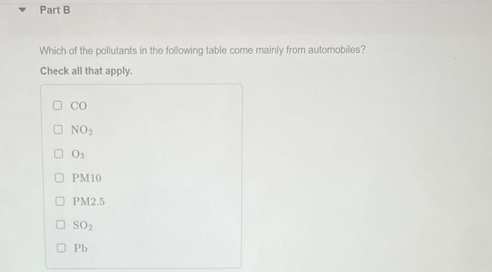 ▾ Part B
Which of the pollutants in the following table come mainly from automobiles?
Check all that apply.
в со
NO2
03
0 PM10
PM2.5
S02
Pb