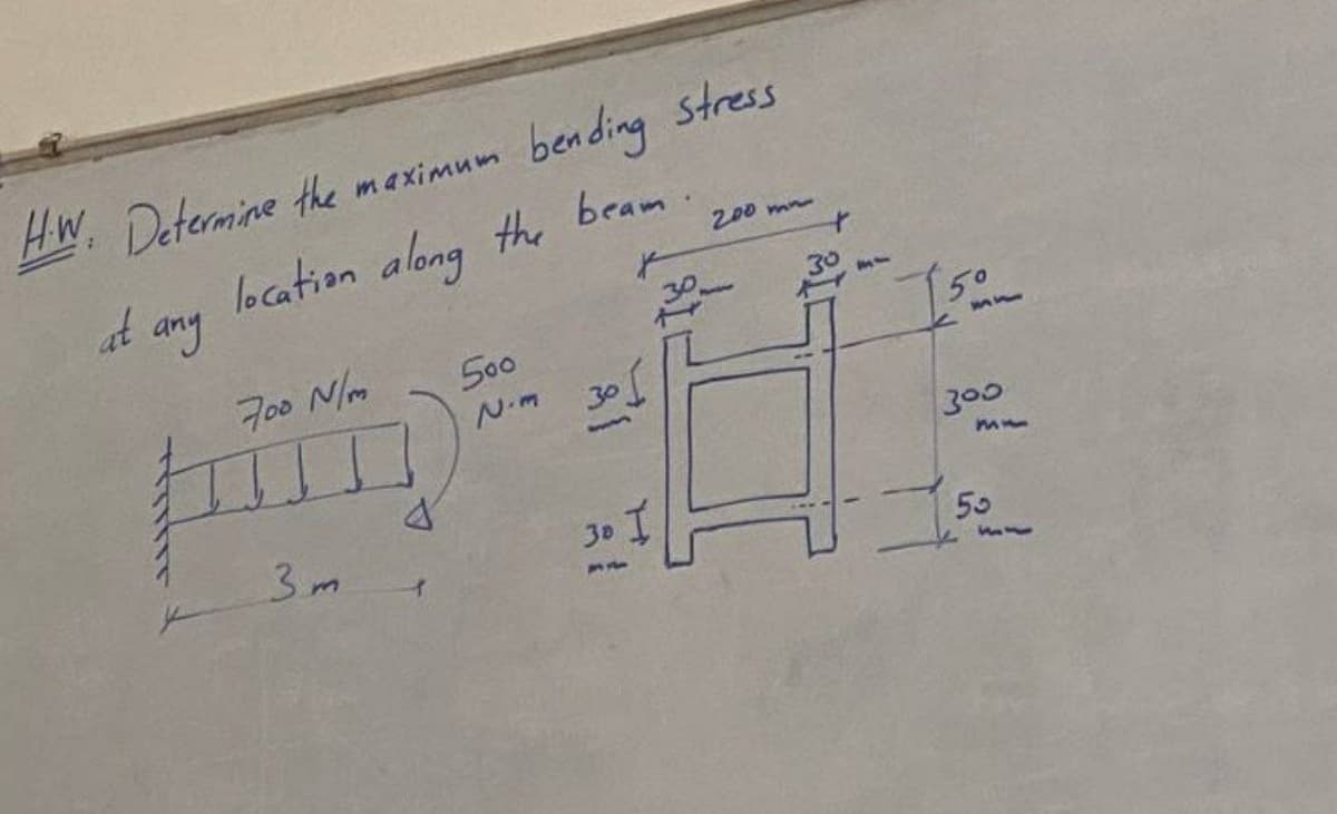 Hw.
HW. Determine the maximum
bending stress
at any
location along the beam.
200 m
30
700 N/m
500
N.m
300
3m
50
