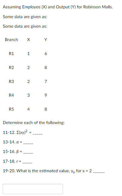 Assuming Employee (X) and Output (Y) for Robinson Malls.
Some data are given as:
Some data are given as:
Branch
R1
R2
R3
R4
R5
15-16. B =
X
17-18. r=
1
2 8
2
6
3
7
9
Determine each of the following:
11-12. Σ(xy)2
13-14. a =
4 8
19-20. What is the estimated value, y₁ for x = 2