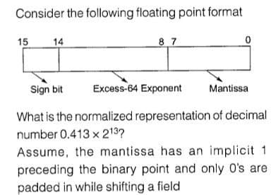 Consider the following floating point format
15
14
8 7
Sign bit
Excess-64 Exponent
Mantissa
What is the normalized representation of decimal
number 0.413 x 213?
Assume, the mantissa has an implicit 1
preceding the binary point and only O's are
padded in while shifting a field
