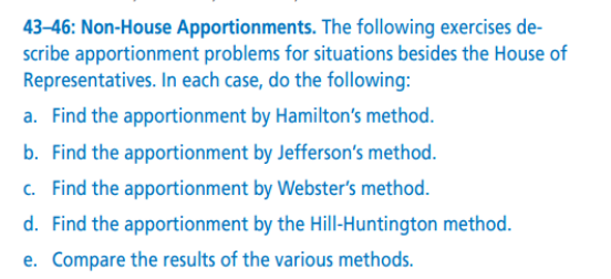 43–46: Non-House Apportionments. The following exercises de-
scribe apportionment problems for situations besides the House of
Representatives. In each case, do the following:
a. Find the apportionment by Hamilton's method.
b. Find the apportionment by Jefferson's method.
c. Find the apportionment by Webster's method.
d. Find the apportionment by the Hill-Huntington method.
e. Compare the results of the various methods.
