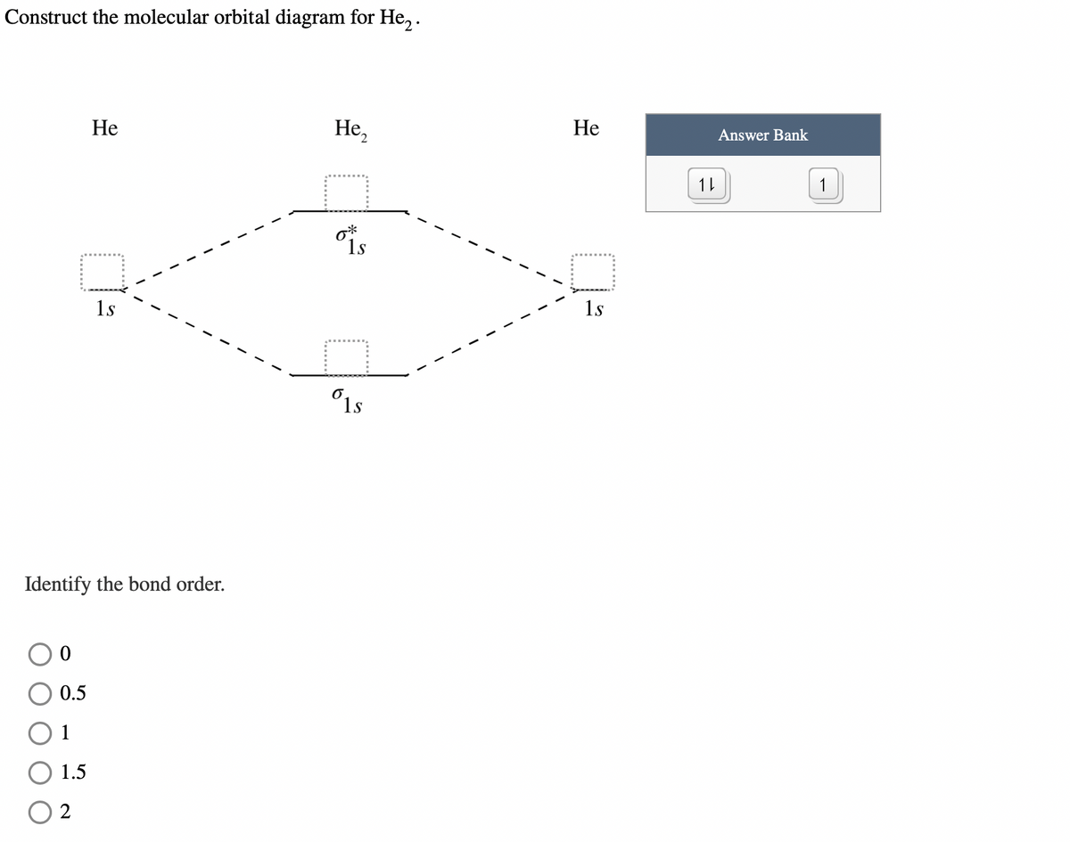 ### Construct the Molecular Orbital Diagram for \( He_2 \)

To construct the molecular orbital (MO) diagram for the diatomic helium molecule \( He_2 \), follow these steps:

#### Diagram Explanation
- **Atomic Orbitals (AOs) from Each Helium Atom:** 
  - Each helium atom \( He \) contributes one \( 1s \) atomic orbital, represented at each side of the diagram.
  - These \( 1s \) orbitals are shown as squares labeled "1s" on both the left and right sides of the diagram.

- **Molecular Orbitals (MOs):**
  - When combining the two \( 1s \) atomic orbitals from each helium atom, two molecular orbitals are formed: a bonding orbital (\( \sigma_{1s} \)) and an antibonding orbital (\( \sigma^*_{1s} \)).
  - The bonding orbital (\( \sigma_{1s} \)) is at a lower energy level and is represented at the bottom center of the diagram.
  - The antibonding orbital (\( \sigma^*_{1s} \)) is at a higher energy level and is represented at the top center of the diagram.
  - The electron configuration is represented using boxes and arrows to show the electrons. He atom (1s²) will have two electrons represented by opposite-facing arrows in the box.

- **Electron Placement:**
  - Follow the given placeholders (dashed squares) for electrons in the molecular orbitals.
  - The Answer Bank provides arrows indicating electron spin. One shows a single upward arrow and the other a pair of arrows (one up and one down).

#### Bond Order Calculation
- **Identify the Bond Order:**
  - Bond order is calculated using the formula:
    \[
    \text{Bond Order} = \frac{(N_b - N_a)}{2}
    \]
    where \( N_b \) is the number of electrons in bonding orbitals and \( N_a \) is the number of electrons in antibonding orbitals.
  - For \( He_2 \), the electrons in \( \sigma_{1s} \) and \( \sigma^*_{1s} \) need to be summed up to identify the corresponding bond order.

Lastly, you can select the bond order from the given options:
- \( \circ \) 0
- \(