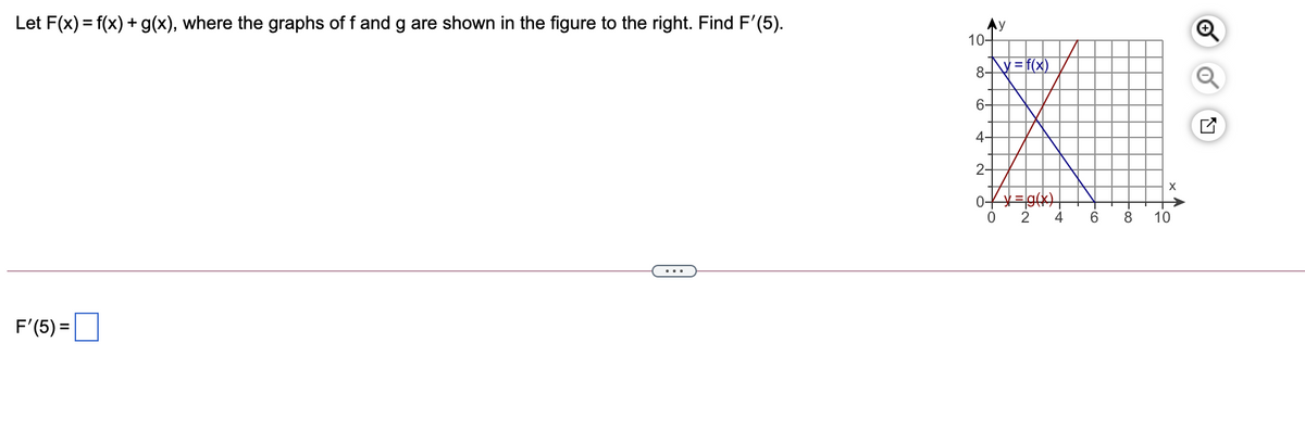 Let F(x) = f(x) + g(x), where the graphs of f and g are shown in the figure to the right. Find F'(5).
10-
V= f(x)
6-
4-
2-
4
6.
10
F'(5) =
of
-co
