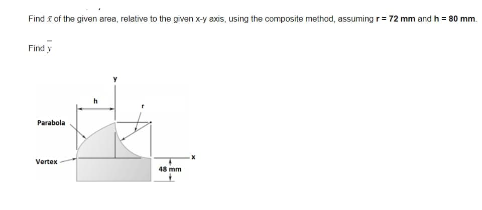 Find of the given area, relative to the given x-y axis, using the composite method, assuming r = 72 mm and h = 80 mm.
Find y
Parabola
Vertex
h
48 mm