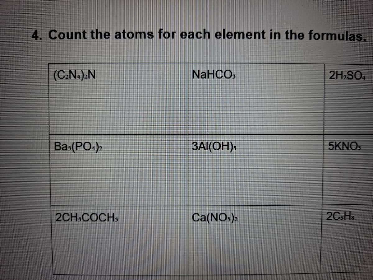 4. Count the atoms for each element in the formulas.
(C:N.):N
NaHCO,
2H2SO4
Bas(PO.)2
ЗА(ОН),
5KNOS
2CH.COCH,
Ca(NO:):
2CSHS
