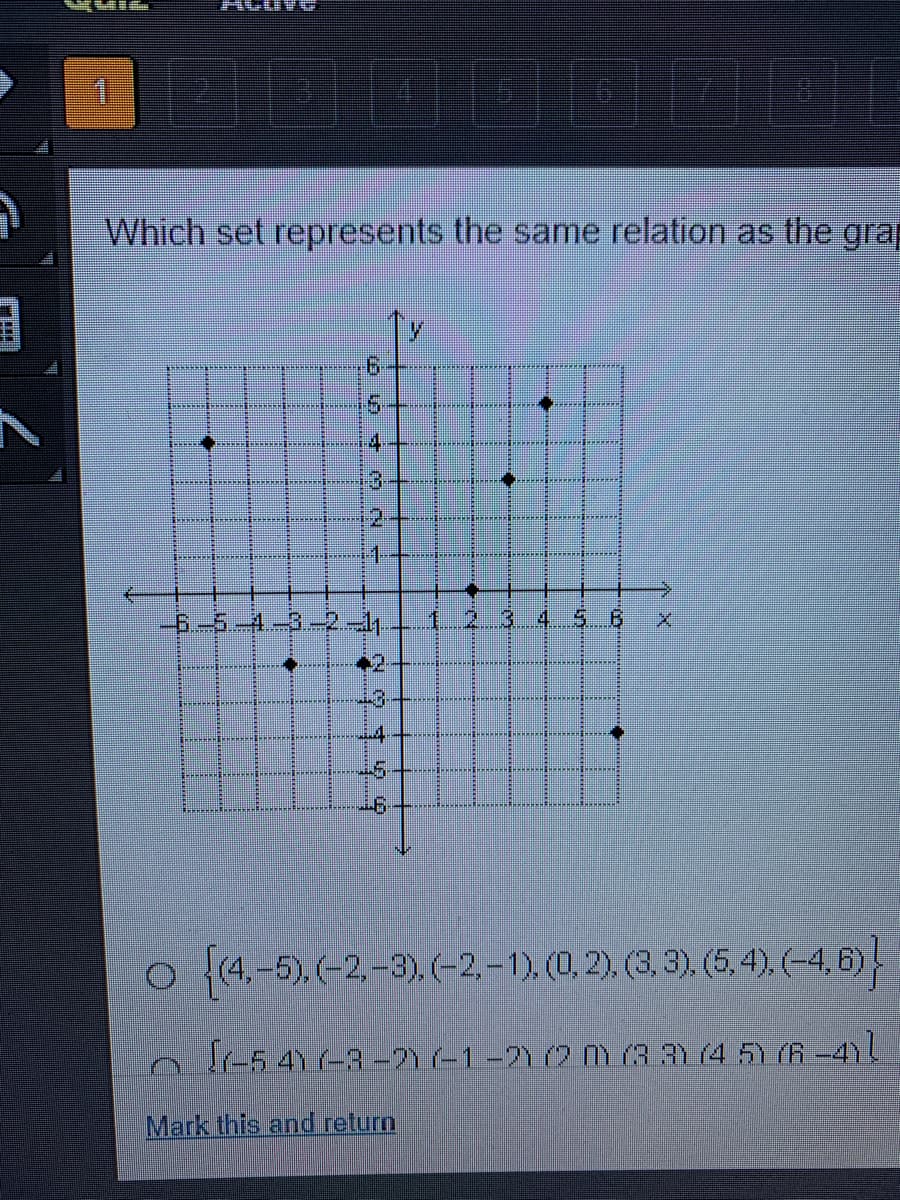 Which set represents the same relation as the gra
4
2-
6-5-4-3-2-1.
1 2 3 4 56
2.
-3.
寸
LO CO
....
*****
