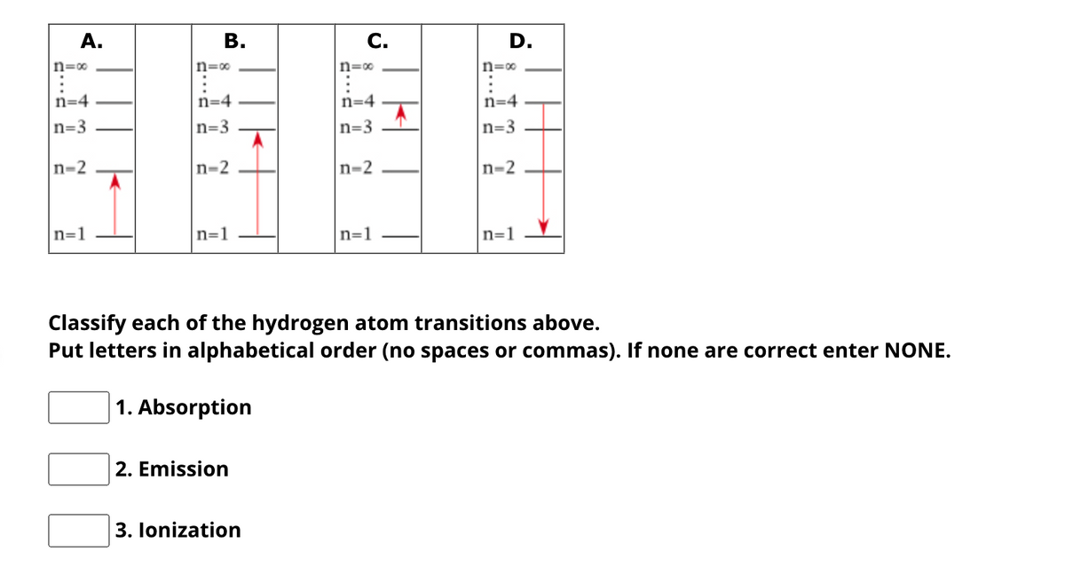 A.
n=∞
n=4
n=3
n=2
n=1
B.
n=∞
n=4
n=3
n=2
n=1
2. Emission
C.
3. Ionization
n=∞
n=4
n=3
n-2
n=1
D.
n=∞
n=4
n=3
n-2
Classify each of the hydrogen atom transitions above.
Put letters in alphabetical order (no spaces or commas). If none are correct enter NONE.
1. Absorption
n=1