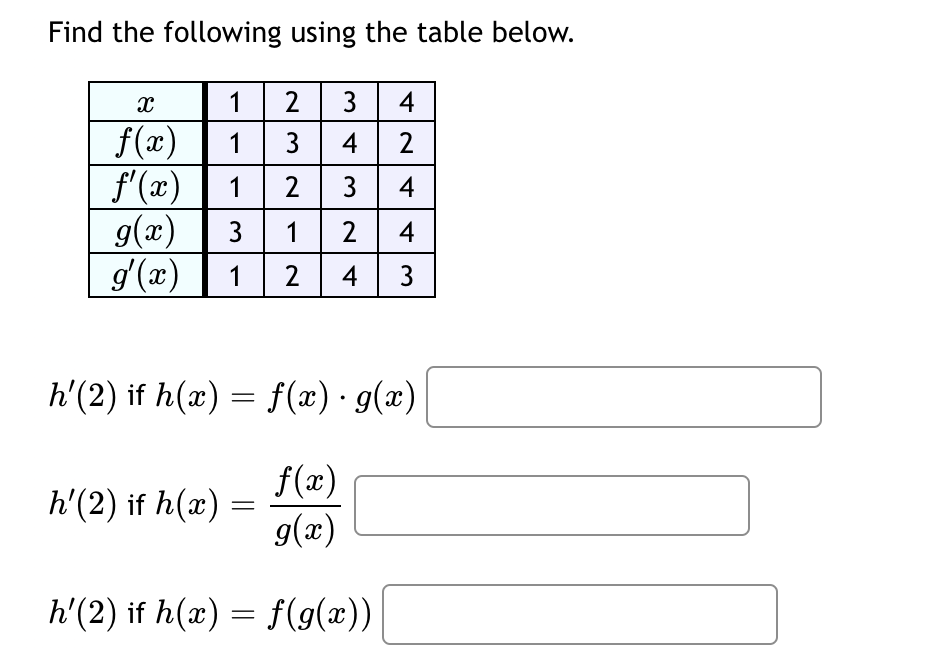 Find the following using the table below.
x
1234
f(x) 13 4 2
f'(x)
1234
g(x) 3 12 4
g'(x) 1 2 4 3
h'(2) if h(x) = f(x)· g(x)
f(x)
h'(2) if h(x)
=
g(x)
h'(2) if h(x) = f(g(x))