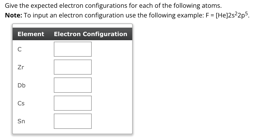 Give the expected electron configurations for each of the following atoms.
Note: To input an electron configuration use the following example: F = [He]2s²2p5.
Element
C
Zr
Db
Cs
Sn
Electron Configuration