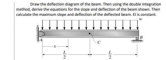 Draw the deflection diagram of the beam. Then using the double integration
method, derive the equations for the slope and deflection of the beam shown. Then
calculate the maximum slope and deflection of the deflected beam. El is constant.
B
C
L
2
