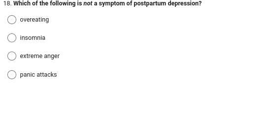 18. Which of the following is not a symptom of postpartum depression?
overeating
insomnia
extreme anger
panic attacks