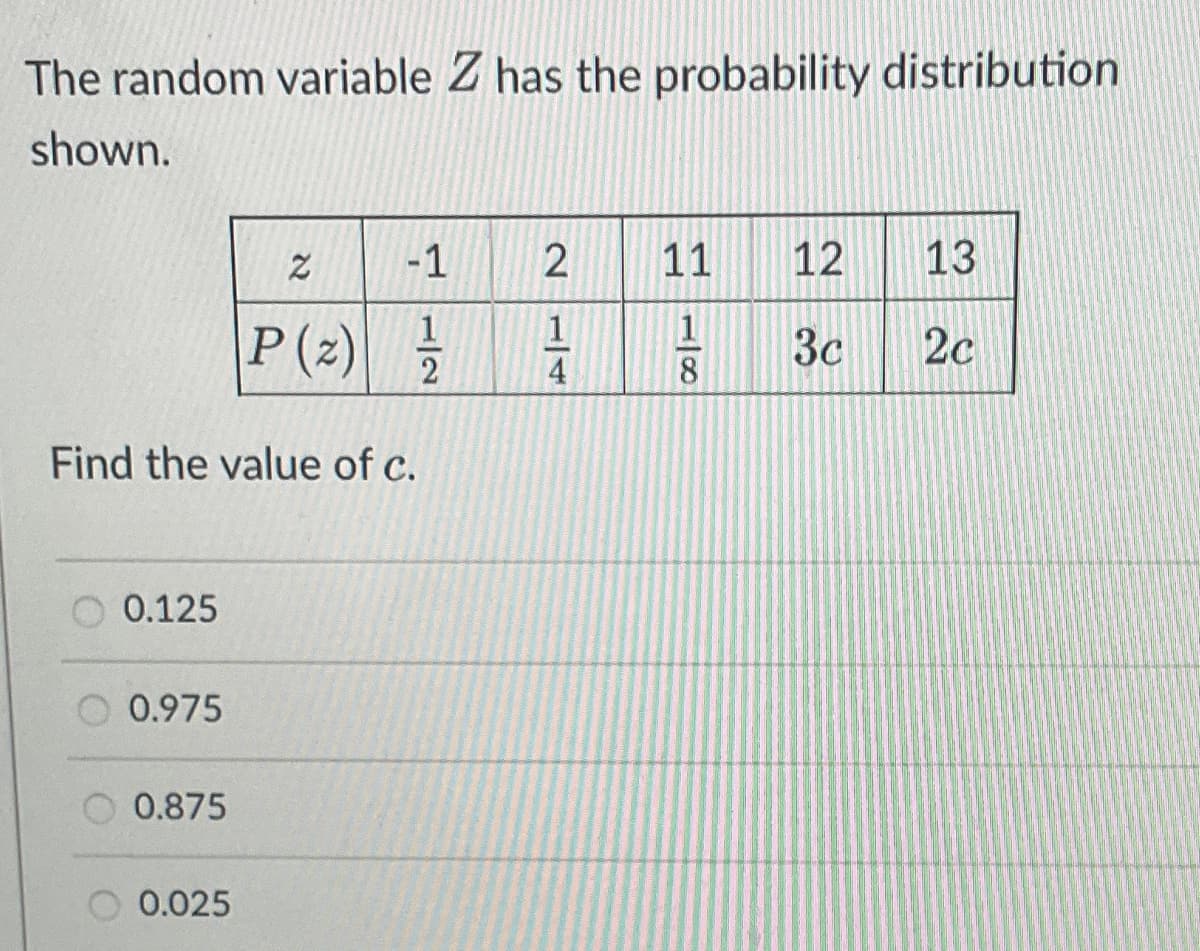 The random variable Z has the probability distribution
shown.
0.125
Find the value of c.
0.975
0.875
2
P (2)
0.025
-1
1
2
214
11
1
8
12
13
3c 2c