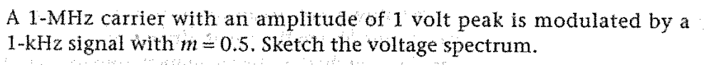 A 1-MHz carrier with an amplitude of 1 volt peak is modulated by a
1-kHz signal with m=0.5. Sketch the voltage spectrum.