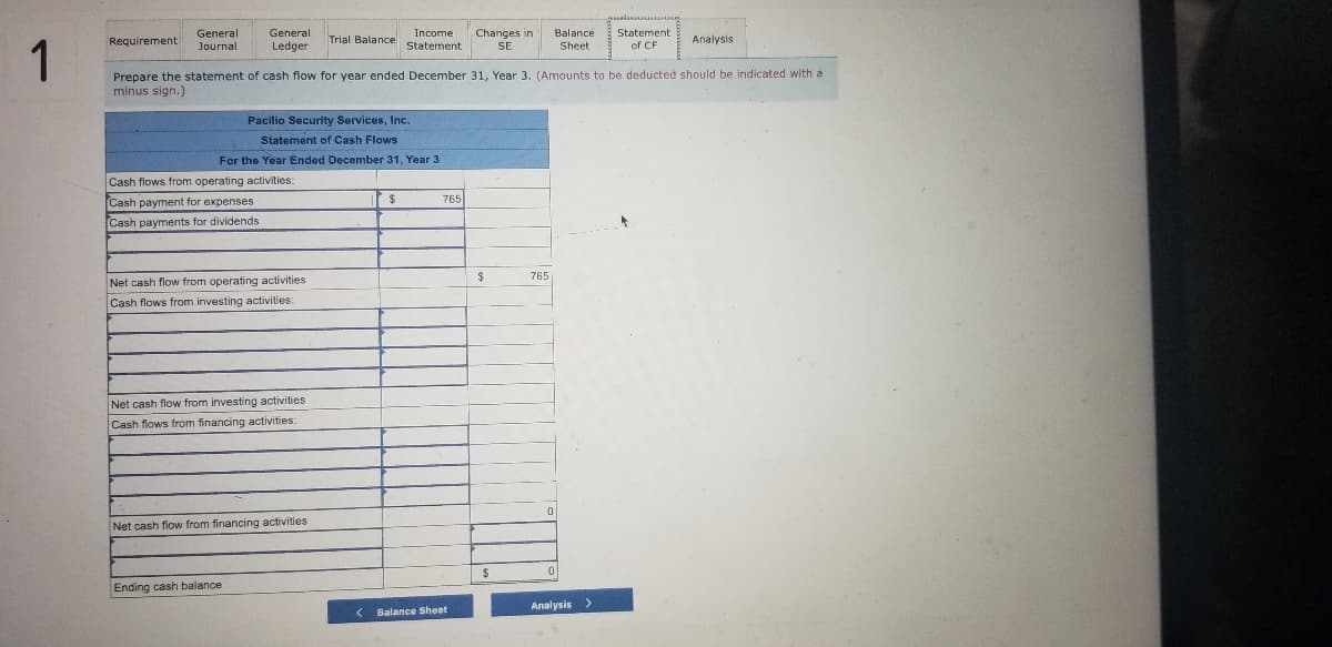 General
General
Income
Trial Balance Statement
Changes in
SE
Balance
Statement
Requirement
Analysis
1
Journal
Ledger
Sheet
of CF
Prepare the statement of cash flow for year ended December 31, Year 3. (Amounts to be deducted should be indicated with a
minus sign.)
Pacilio Security Services, Inc.
Statement of Cash Flows
For the Year Ended December 31, Year 3
Cash flows from operating activities:
Cash payment for expenses
765
Cash payments for dividends
765
Net cash flow from operating activities
Cash flows from investing activities:
Net cash flow from investing activities
Cash flows from financing activities:
Net cash flow from financing activities
Ending cash balance
Analysis >
< Balance Sheet
