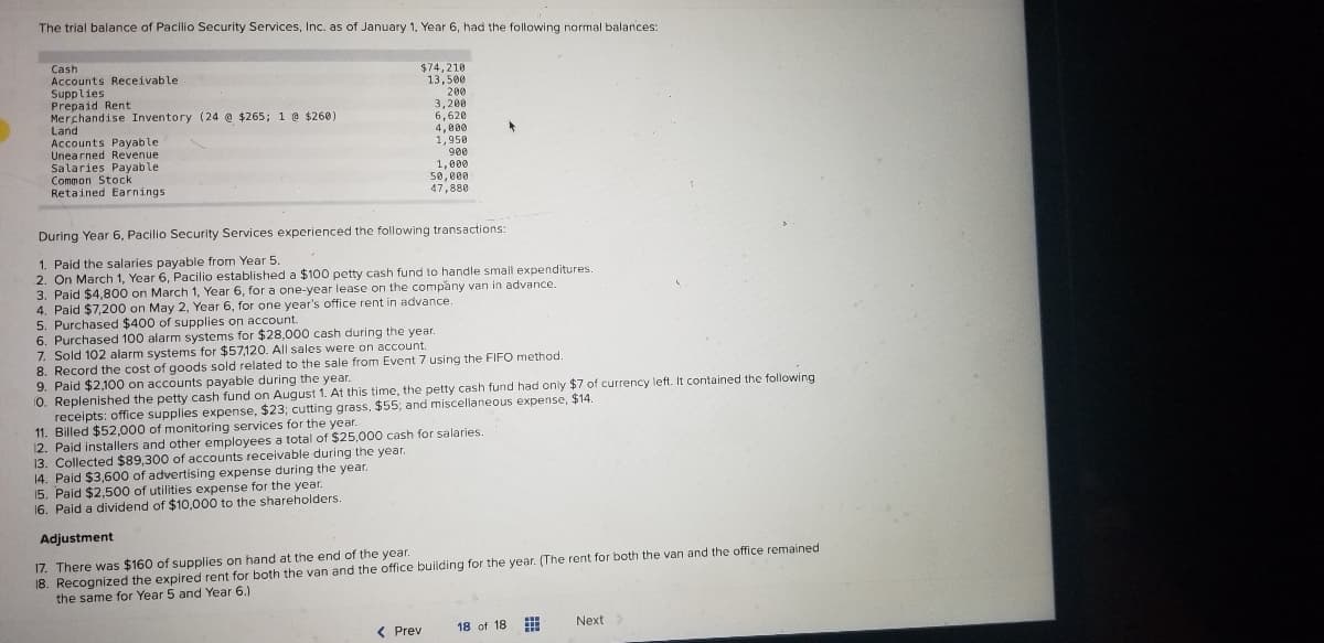 **Pacillo Security Services, Inc. - Financial Overview and Transactions**

**Trial Balance as of January 1, Year 6:**

| Account                   | Amount ($) |
|---------------------------|------------|
| Cash                      | 74,210     |
| Accounts Receivable       | 13,500     |
| Supplies                  | 2,200      |
| Prepaid Rent              | 3,200      |
| Merchandise Inventory (24 @ $265; 1 @ $260) | 6,620   |
| Land                      | 4,800      |
| Accounts Payable          | 1,950      |
| Unearned Revenue          | 900        |
| Salaries Payable          | 1,000      |
| Common Stock              | 50,800     |
| Retained Earnings         | 47,888     |

**Transactions during Year 6:**

1. **Paid the salaries payable from Year 5.**
2. **Established a petty cash fund** with $100 for small expenditures on March 1, Year 6.
3. **Paid $4,800** on March 1, Year 6, for a one-year lease on the company van in advance.
4. **Paid $7,200** on May 2, Year 6, for one year's office rent in advance.
5. **Purchased $400** of supplies on account during the year.
6. **Purchased 100 alarm systems** for $28,000 cash during the year.
7. **Sold 102 alarm systems** for $57,120. All sales were on account.
8. **Recorded the cost of goods sold related to the sale** from Event 7 using the FIFO (First In, First Out) method.
9. **Paid $2,100** on accounts payable during the year.
10. **Replenished the petty cash fund** on August 1. At that time, the petty cash fund had only $7 of currency left. It contained the following receipts: office supplies expense, $23; cutting grass, $55; and miscellaneous expense, $14.
11. **Billed $52,000** of monitoring services for the year.
12. **Paid installers and other employees** a total of $25,000 cash for salaries.
13. **Collected $8,300** of accounts receivable during the year.
14. **Paid $3,600**