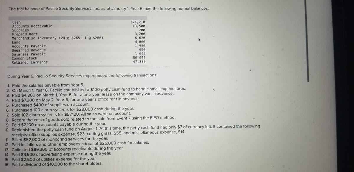 The trial balance of Pacilio Security Services, Inc. as of January 1, Year 6, had the following normal balances:
Cash
Accounts Receivable
Supplies
Prepaid Rent
Merchandise Inventory (24 @ $265; 1 @ $260)
$74,210
13,500
200
3,200
6,620
4,000
1,950
900
Land
Accounts Payable
Unearned Revenue
Salaries Payable
Common Stock
Retained Earnings
1,000
50,000
47,880
During Year 6, Pacilio Security Services experienced the following transactions:
1. Paid the salaries payable from Year 5.
2. On March 1, Year 6, Pacilio established a $100 petty cash fund to handle small expenditures.
3. Paid $4,800 on March 1, Year 6, for a one-year lease on the company van in advance.
4. Paid $7,200 on May 2, Year 6, for one year's office rent in advance.
5. Purchased $400 of supplies on account.
6. Purchased 100 alarm systems for $28,000 cash during the year.
7. Sold 102 alarm systems for $57,120. All sales were on account.
8. Record the cost of goods sold related to the sale from Event 7 using the FIFO method.
9. Paid $2,100 on accounts payable during the year.
0. Replenished the petty cash fund on August 1. At this time, the petty cash fund had only $7 of currency left. It contained the following
receipts: office supplies expense, $23; cutting grass, $55; and miscellaneous expense, $14.
11. Billed $52,000 of monitoring services for the year.
12. Paid installers and other employees a total of $25,000 cash for salaries.
13. Collected $89,300 of accounts receivable during the year.
14. Paid $3,600 of advertising expense during the year.
15. Paid $2,500 of utilities expense for the year.
16. Paid a dividend of $10,000 to the shareholders.
