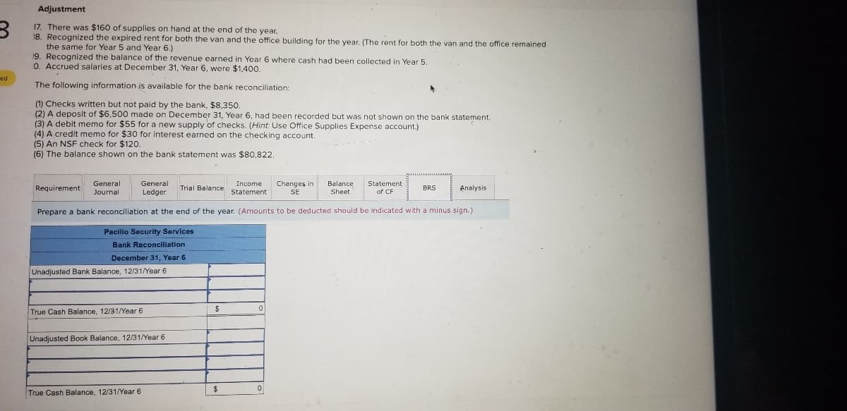 Adjustment
17. There was $160 of supplies on hand at the end of the year,
18. Recognized the expired rent for both the van and the office building for the year. (The rent for both the van and the office remained
the same for Year 5 and Year 6.)
19. Recognized the balance of the revenue earned in Year 6 where cash had been collected in Year 5.
O. Accrued salaries at December 31, Year 6, were $1,400.
ed
The following information is available for the bank reconciliation:
(1) Checks written but not paid by the bank, $8,350.
(2) A deposit of $6,500 made on December 31, Year 6, had been recorded but was not shown on the bank statement.
(3) A debit memo for $55 for a new supply of checks. (Hint: Use Office Supplies Expense account.)
(4) A credit memo for $30 for interest earned on the checking account.
(5) An NSF check for $12O.
(6) The balance shown on the bank statement was $80,822.
General
Journal
General
Income
Changes in
Balance
Statement
Requirement
Trial Balance
BRS
Analysis
Ledger
Statement
SE
Sheet
of CF
Prepare a bank reconciliation at the end of the year. (Amounts to be deducted should be indicated with a minus sign.)
Pacilio Security Services
Bank Reconciliation
December 31, Year 6
Unadjusted Bank Balance, 12/31/Year 6
True Cash Balance, 12/31/Year 6
Unadjusted Book Balance, 12/31/Year 6
$
True Cash Balance, 12/31/Year 6
