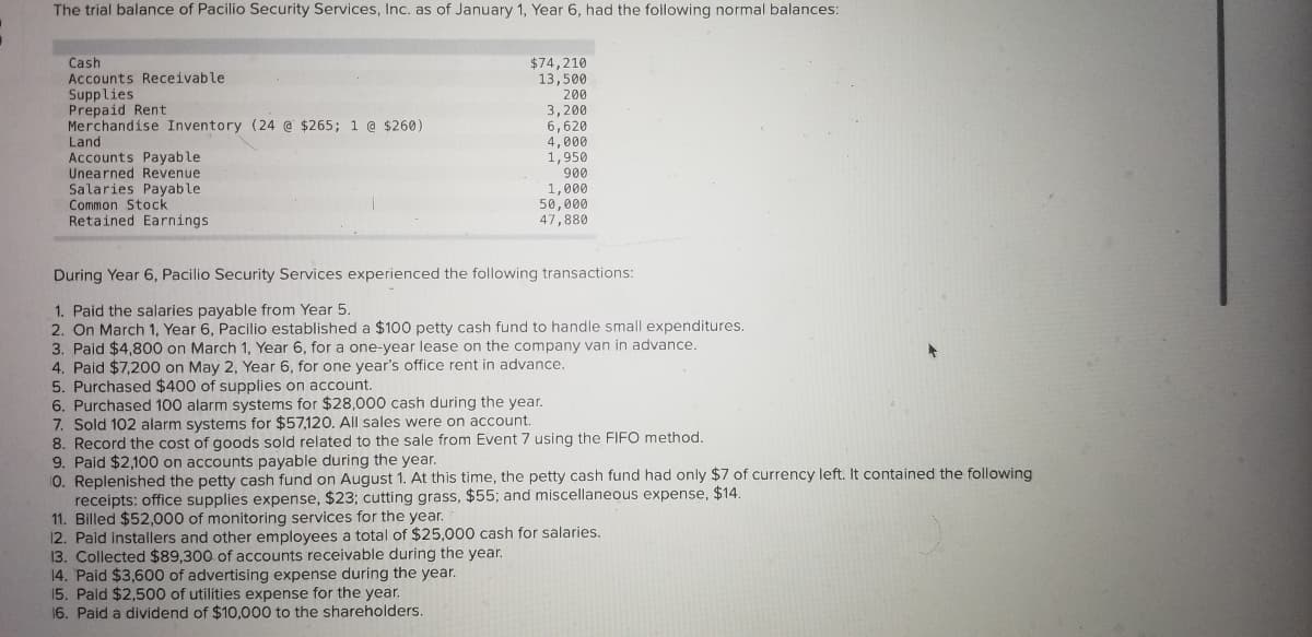 The trial balance of Pacilio Security Services, Inc. as of January 1, Year 6, had the following normal balances:
$74,210
13,500
Cash
Accounts Receivable
Supplies
Prepaid Rent
Merchandise Inventory (24 @ $265; 1 @ $260)
200
Land
Accounts Payable
Unearned Revenue
Salaries Payable
Common Stock
Retained Earnings
3,200
6,620
4,000
1,950
900
1,000
50,000
47,880
During Year 6, Pacilio Security Services experienced the following transactions:
1. Paid the salaries payable from Year 5.
2. On March 1, Year 6, Pacilio established a $100 petty cash fund to handle small expenditures.
3. Paid $4,800 on March 1, Year 6, for a one-year lease on the company van in advance.
4. Paid $7,200 on May 2, Year 6, for one year's office rent in advance.
5. Purchased $400 of supplies on account.
6. Purchased 100 alarm systems for $28,000 cash during the year.
7. Sold 102 alarm systems for $57,120. All sales were on account.
8. Record the cost of goods sold related to the sale from Event 7 using the FIFO method.
9. Paid $2,100 on accounts payable during the year.
10. Replenished the petty cash fund on August 1. At this time, the petty cash fund had only $7 of currency left. It contained the following
receipts: office supplies expense, $23; cutting grass, $55; and miscellaneous expense, $14.
11. Billed $52,000 of monitoring services for the year.
12. Paid installers and other employees a total of $25,000 cash for salaries.
13. Collected $89,300 of accounts receivable during the year.
14. Paid $3,600 of advertising expense during the year.
15. Paid $2,500 of utilities expense for the year.
16. Paid a dividend of $10,000 to the shareholders.
