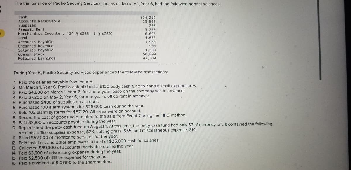 The trial balance of Pacilio Security Services, Inc. as of January 1, Year 6, had the following normal balances:
Cash
Accounts Receivable
Supplies
Prepaid Rent
Merchandise Inventory (24 @ $265; 1 @ $260)
$74,210
13,500
200
3,200
6,620
4,000
1,950
900
Land
Accounts Payable
Unearned Revenue
Salaries Payable
Common Stock
Retained Earnings
1,000
50,G00
47,880
During Year 6, Pacilio Security Services experienced the following transactions:
1. Paid the salaries payable from Year 5.
2. On March 1, Year 6, Pacilio established a $100 petty cash fund to handle small expenditures.
3. Paid $4,800 on March 1, Year 6, for a one-year lease on the company van in advance.
4. Paid $7,200 on May 2, Year 6, for one year's office rent in advance.
5. Purchased $400 of supplies on account.
6. Purchased 100 alarm systems for $28,000 cash during the year.
7. Sold 102 alarm systems for $57,120. All sales were on account.
8. Record the cost of goods sold related to the sale from Event 7 using the FIFO method.
9. Paid $2,100 on accounts payable during the year.
0. Replenished the petty cash fund on August 1. At this time, the petty cash fund had only $7 of currency left. It contained the following
receipts: office supplies expense, $23; cutting grass, $55; and miscellaneous expense, $14.
11. Billed $52,000 of monitoring services for the year.
12. Paid installers and other employees a total of $25,000 cash for salaries.
13. Collected $89,300 of accounts receivable during the year.
14. Paid $3,600 of advertising expense during the year.
15. Paid $2,500 of utilities expense for the year.
16. Paid a dividend of $10,000 to the shareholders.
