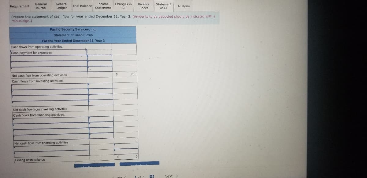 General
General
Income
Changes in
SE
Requirement
Trial Balance
Balance
Statement
Analysis
Journal
Ledger
Statement
Sheet
of CF
Prepare the statement of cash flow for year ended December 31, Year 3. (Amounts to be deducted should be indicated with a
minus sign.)
Pacilio Security Services, Inc.
Statement of Cash Flows
For the Year Ended December 31, Year 3
Cash flows from operating activities:
Cash payment for expenses
765
Net cash flow from operating activities
Cash flows from investing activities:
Net cash flow from investing activities
Cash flows from financing activities:
Net cash flow from financing activities
Ending cash balance
Next
