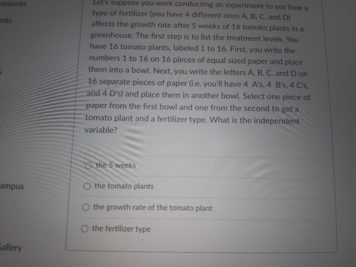 cements
ents
ampus
Sallery
Let's suppose you were conducting an experiment to see how a
type of fertilizer (you have 4 different ones A, B, C, and D)
affects the growth rate after 5 weeks of 16 tomato plants in a
greenhouse. The first step is to list the treatment levels. You
have 16 tomato plants, labeled 1 to 16. First, you write the
numbers 1 to 16 on 16 pieces of equal sized paper and place
them into a bowl. Next, you write the letters A, B, C, and D on
16 separate pieces of paper (i.e. you'll have 4 A's, 4 B's, 4 C's,
and 4 D's) and place them in another bowl. Select one piece of
paper from the first bowl and one from the second to get a
tomato plant and a fertilizer type. What is the independent
variable?
the 5 weeks
O the tomato plants
the growth rate of the tomato plant
O the fertilizer type