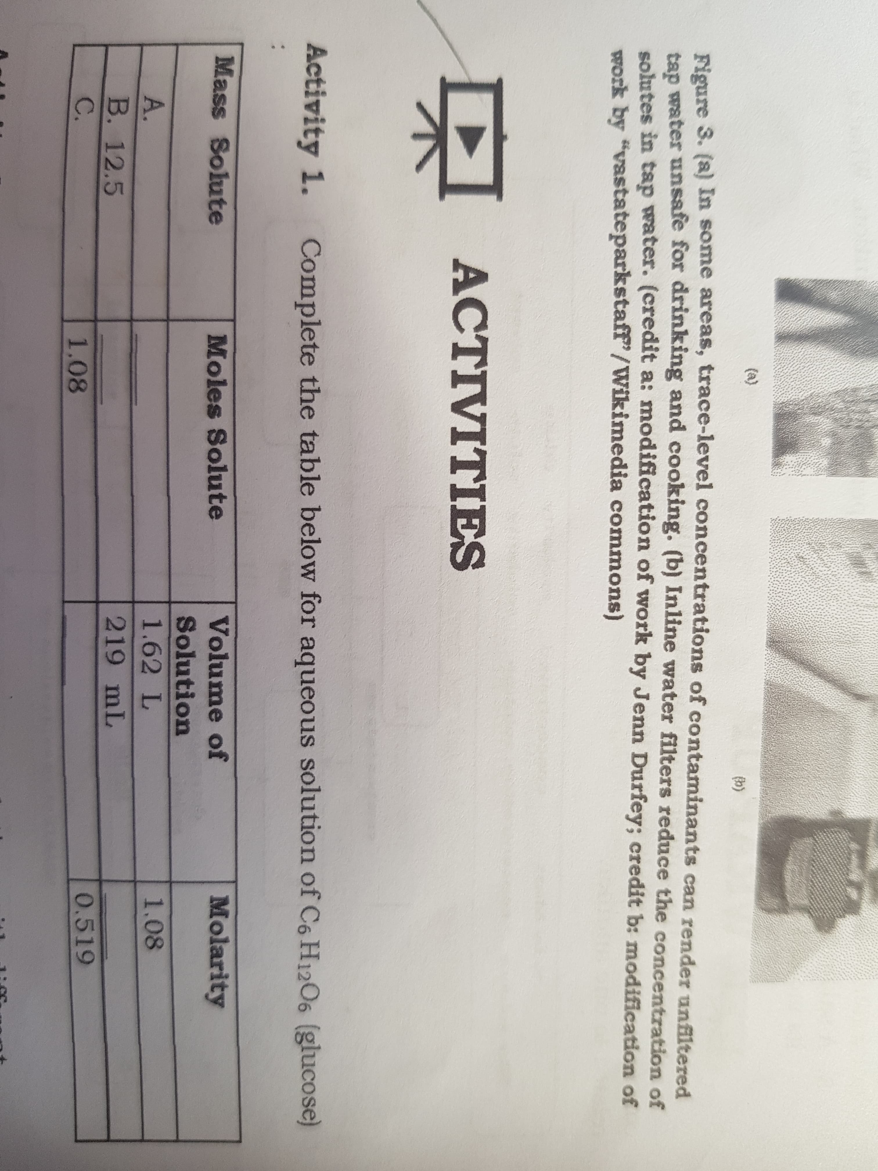 Activity 1.
Complete the table below for aqueous solution of C6 H12O6 (glucose)
Mass Solute
Moles Solute
Volume of
Molarity
Solution
A.
1.62 L
1.08
B. 12.5
219 mL
0.519
C.
1.08
