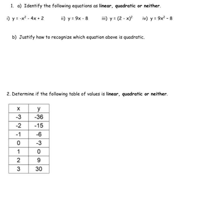 1. a) Identify the following equations as linear, quadratic or neither.
i) y = -x? - 4x + 2
ii) y = 9x - 8
iii) y = (2 - x)?
iv) y = 9x? - 8
b) Justify how to recognize which equation above is quadratic.
2. Determine if the following table of values is linear, quadratic or neither.
y
-36
-3
-2
-15
-1
-6
-3
2
9
3
30
