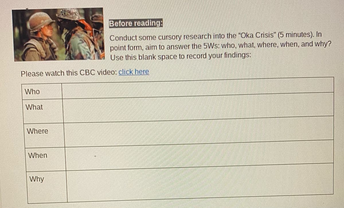 Before reading:
Conduct some cursory research into the "Oka Crisis" (5 minutes). In
point form, aim to answer the 5Ws: who, what, where, when, and why?
Use this blank space to record your findings:
Please watch this CBC video: click here
Who
What
Where
When
Why
