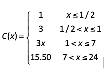 1
xs1/2
3.
1/2<xs1
C(x) =
3x
1<xs7
15.50 7<xs24
