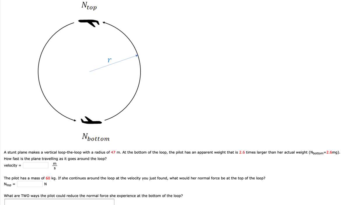 Ntop
Npottom
A stunt plane makes a vertical loop-the-loop with a radius of 47 m. At the bottom of the loop, the pilot has an apparent weight that is 2.6 times larger than her actual weight (Nbottom=2.6mg).
How fast is the plane travelling as it goes around the loop?
velocity =
S
The pilot has a mass of 60 kg. If she continues around the loop at the velocity you just found, what would her normal force be at the top of the loop?
Ntop
What are TWO ways the pilot could reduce the normal force she experience at the bottom of the loop?
